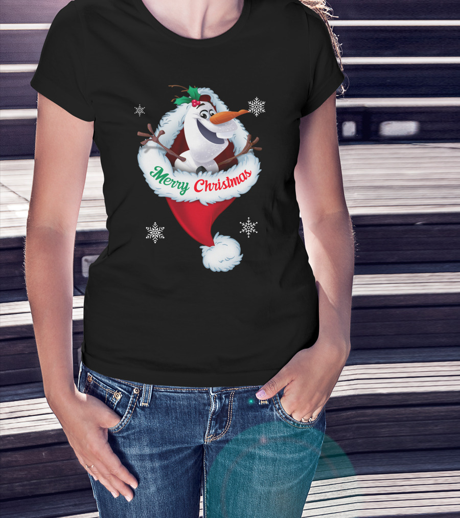 Olaf Merry Christmas Santa Hat With Snowflakes T-Shirt