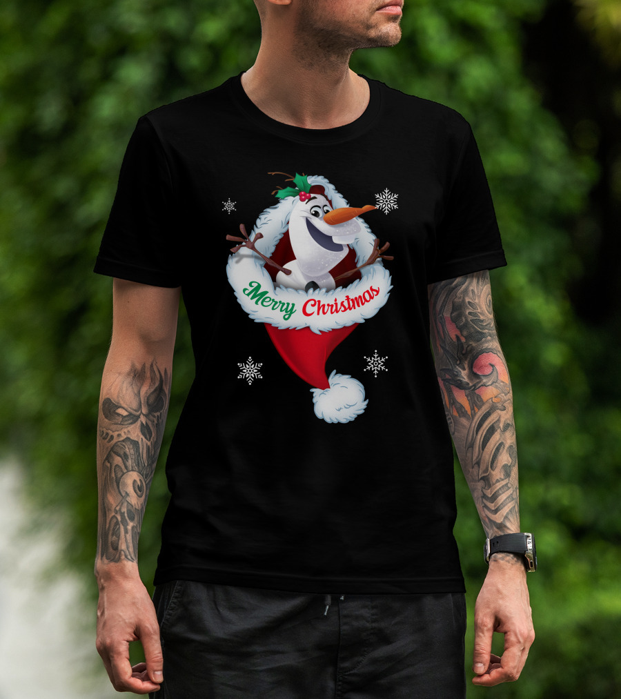 Olaf Merry Christmas Santa Hat With Snowflakes T-Shirt