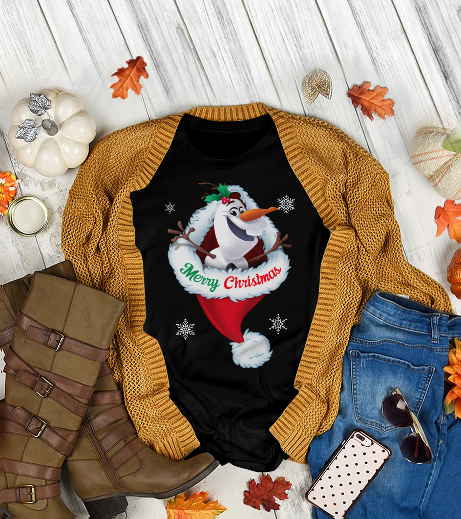 Olaf Merry Christmas Santa Hat With Snowflakes T-Shirt