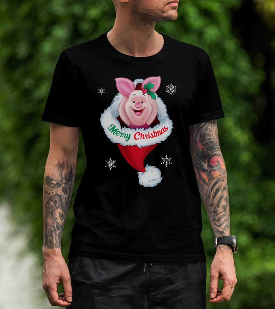 Piglet Merry Christmas Holiday Santa Hat Snowflakes T-Shirt