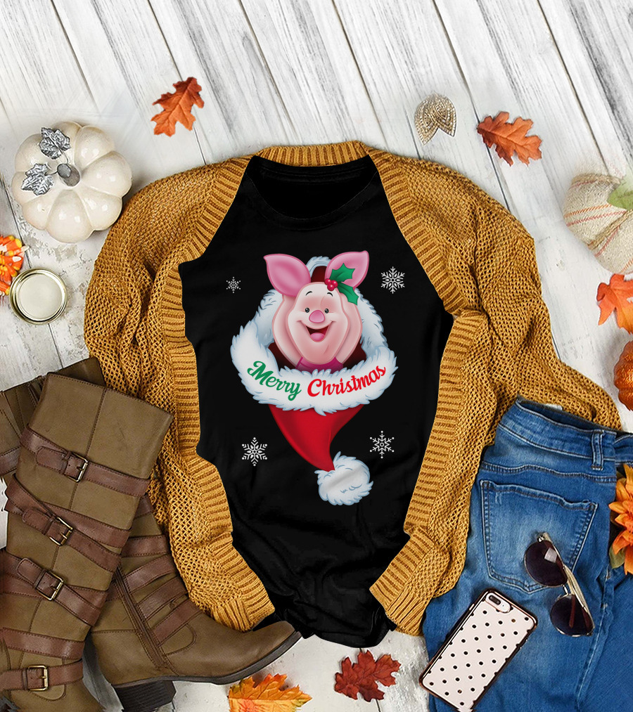 Piglet Merry Christmas Holiday Santa Hat Snowflakes T-Shirt