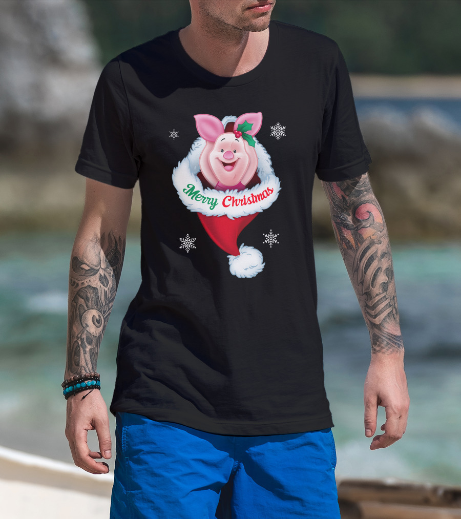 Piglet Merry Christmas Holiday Santa Hat Snowflakes T-Shirt
