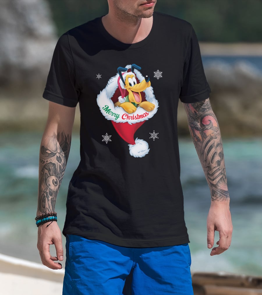 Merry Christmas Pluto Santa Hat Snowflakes T-Shirt