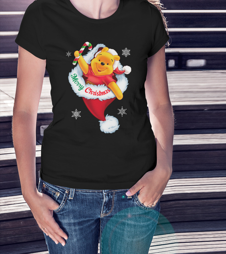 Winnie The Pooh Merry Christmas Santa Hat Candy Cane T-Shirt