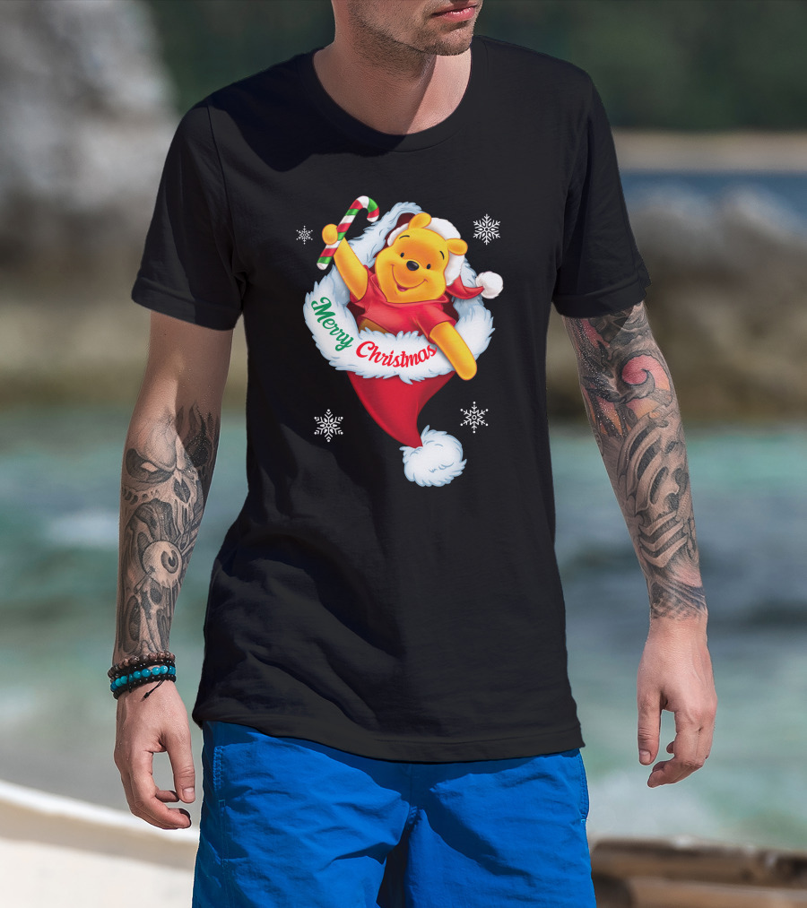 Winnie The Pooh Merry Christmas Santa Hat Candy Cane T-Shirt