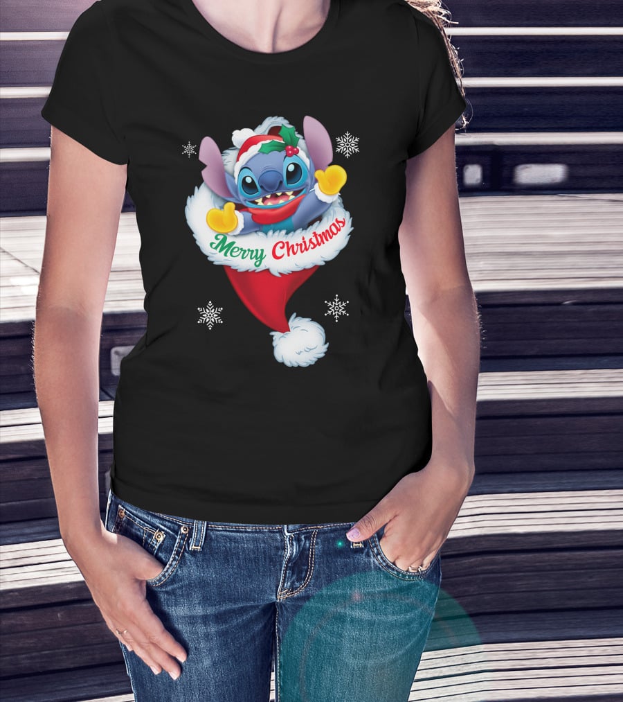 Merry Christmas Stitch Santa Hat Snowflakes T-Shirt