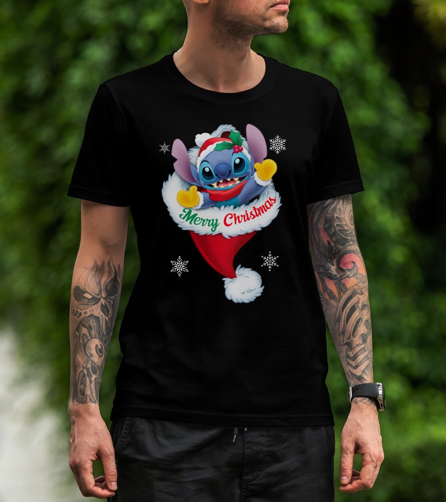 Merry Christmas Stitch Santa Hat Snowflakes T-Shirt