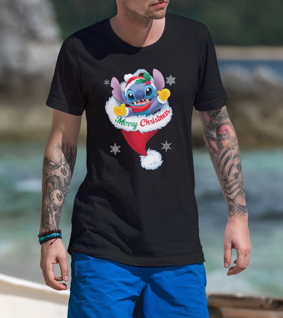 Merry Christmas Stitch Santa Hat Snowflakes T-Shirt