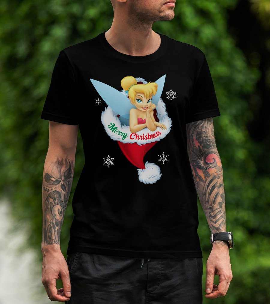 Tinkerbell Merry Christmas Santa Hat Snowflakes T-Shirt