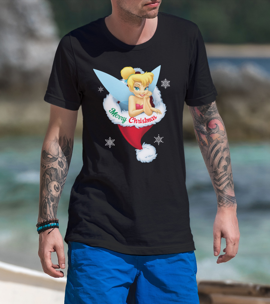 Tinkerbell Merry Christmas Santa Hat Snowflakes T-Shirt
