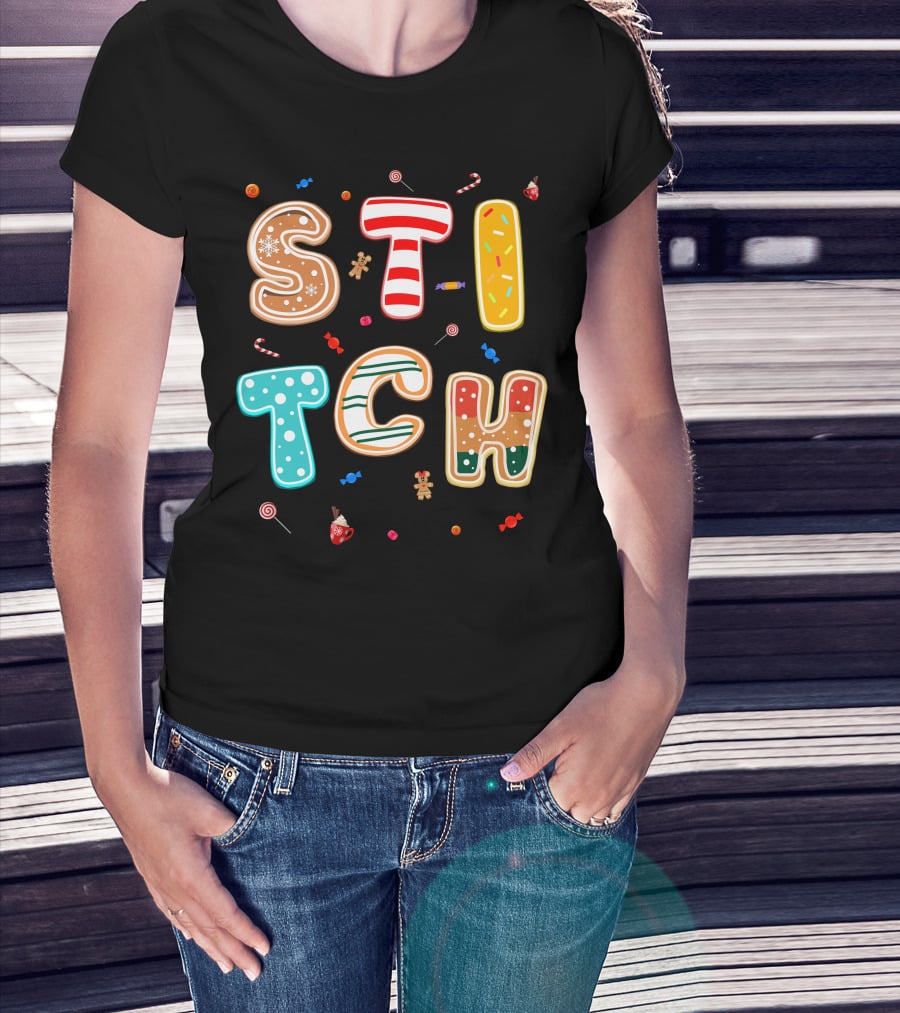 Stitch Gingerbread Candy Cane Christmas Letters T-Shirt