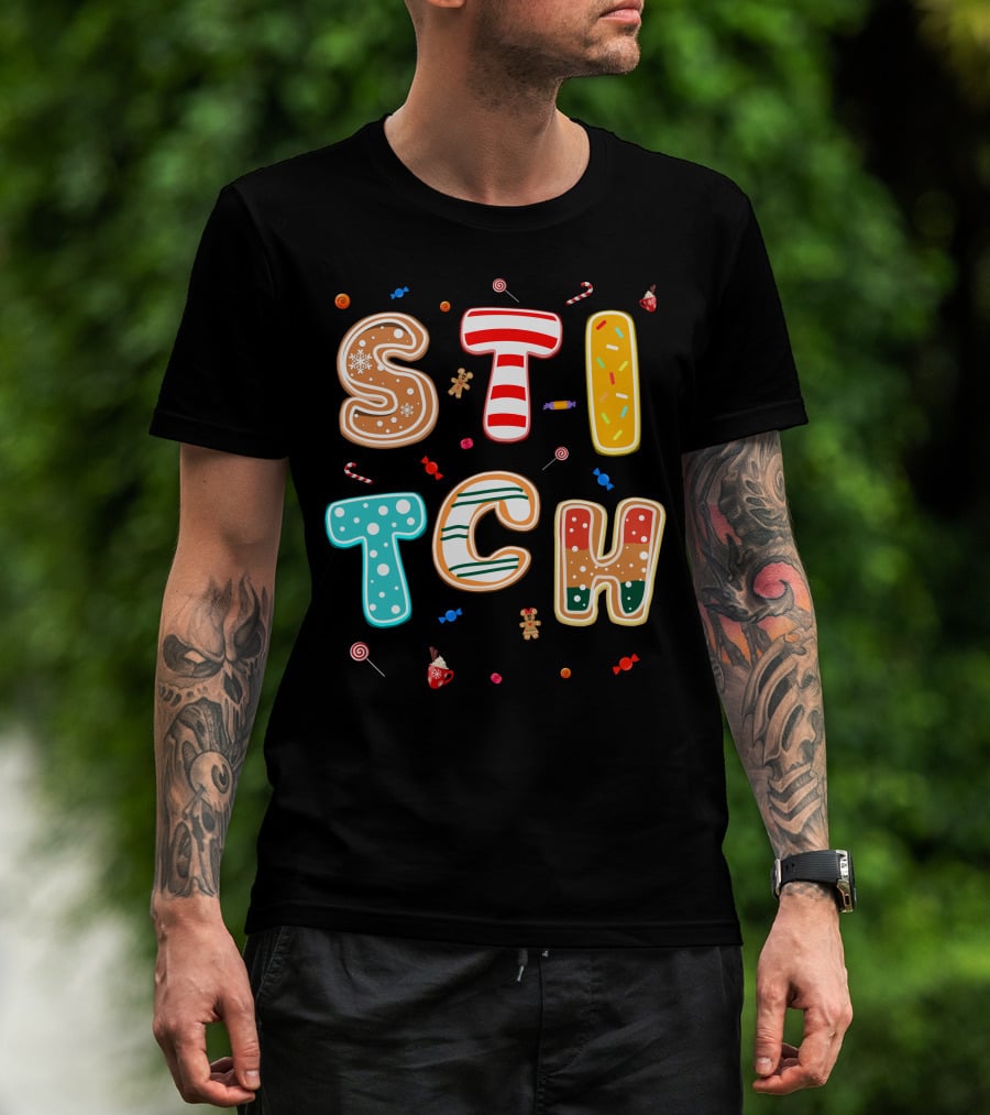 Stitch Gingerbread Candy Cane Christmas Letters T-Shirt