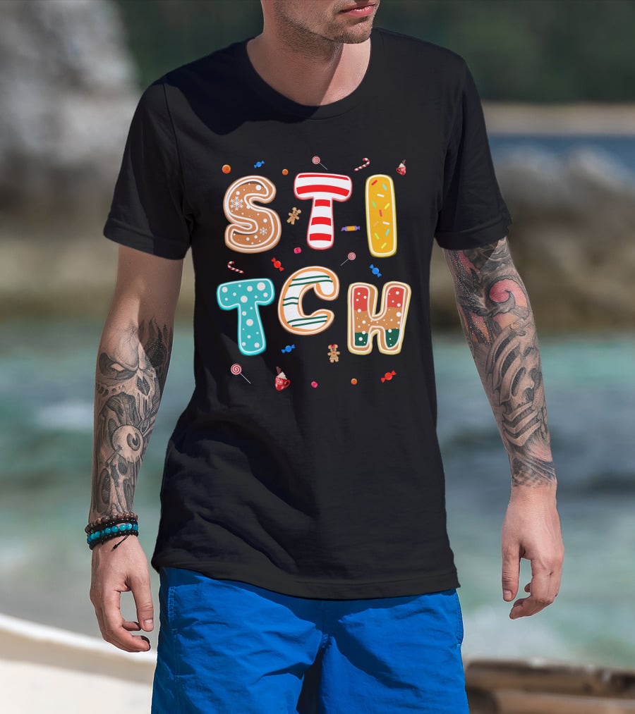 Stitch Gingerbread Candy Cane Christmas Letters T-Shirt