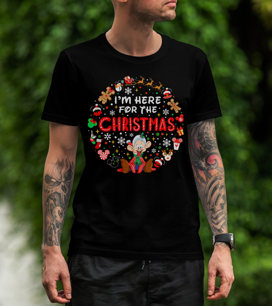 I'm Here For The Christmas Dopey Reindeer Snowflakes Gingerbread Santa Hat Fun T-Shirt