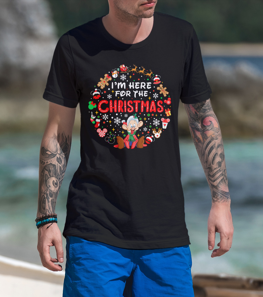 I'm Here For The Christmas Dopey Reindeer Snowflakes Gingerbread Santa Hat Fun T-Shirt