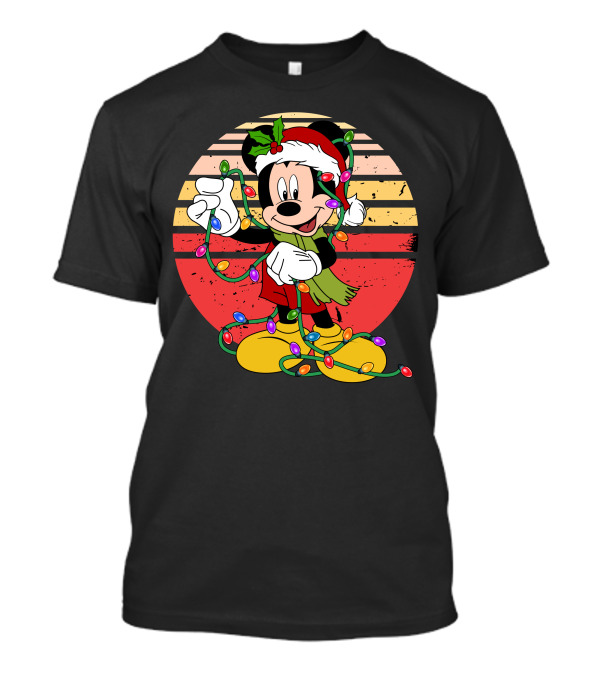 Mickey Christmas Lights Santa Hat Retro Holiday T-Shirt