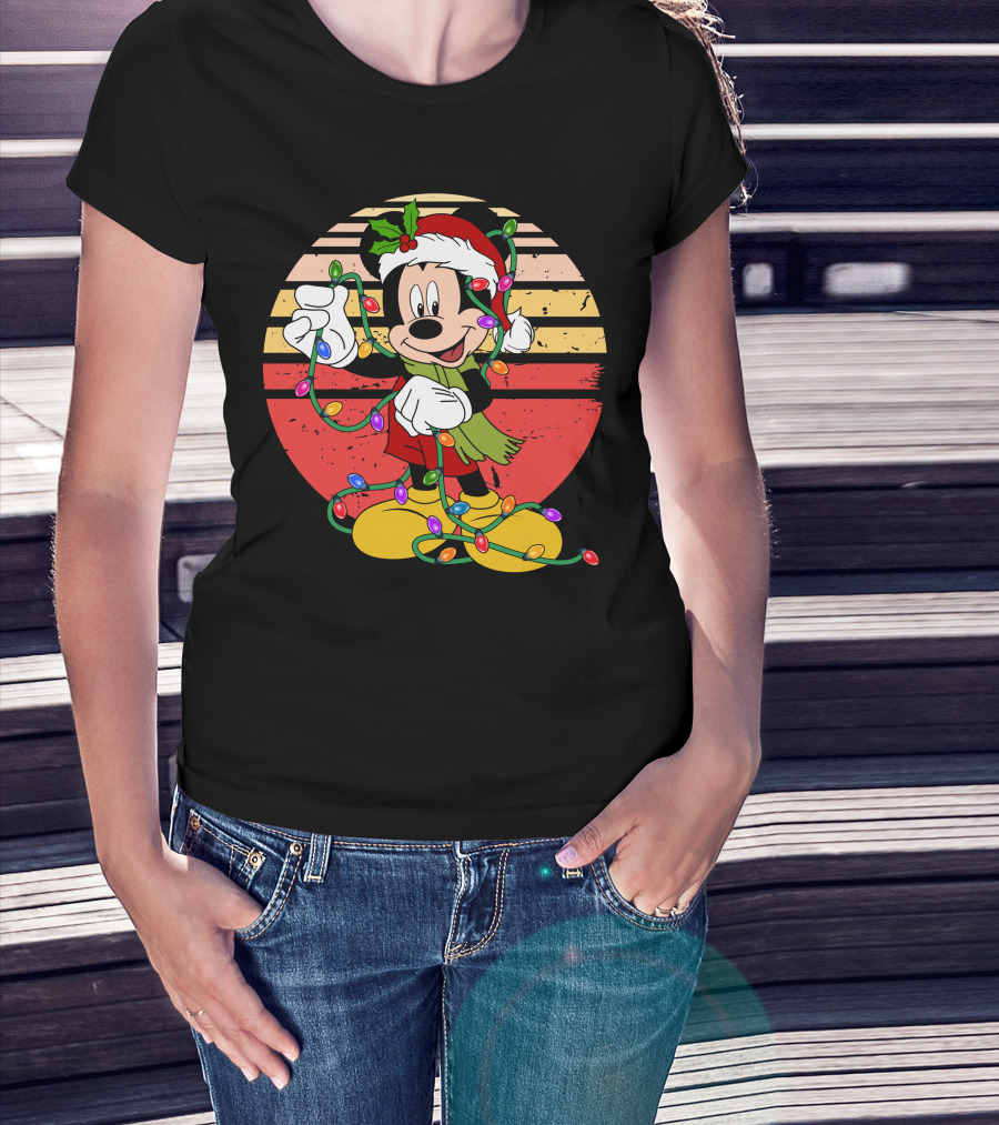 Mickey Christmas Lights Santa Hat Retro Holiday T-Shirt