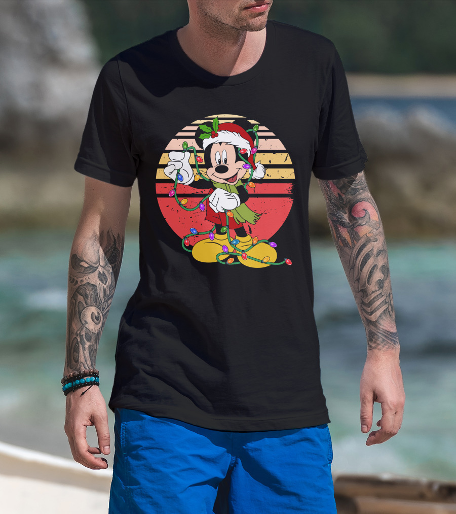 Mickey Christmas Lights Santa Hat Retro Holiday T-Shirt