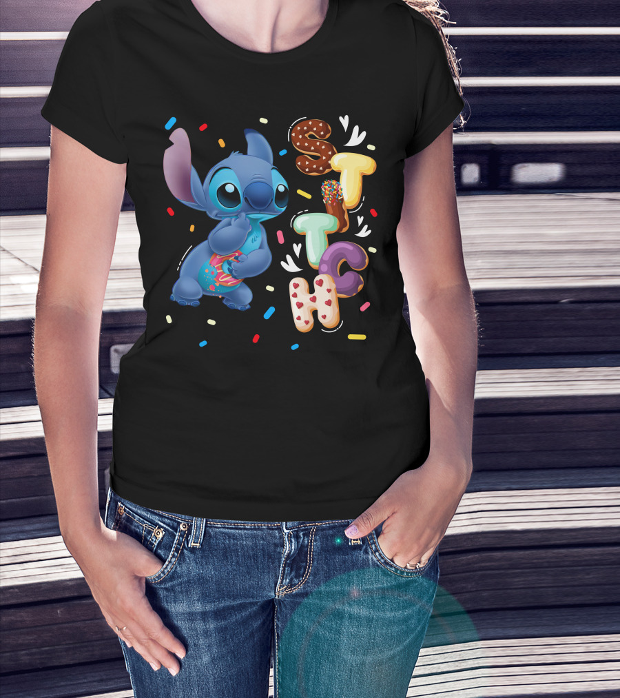 Stitch Donut Letter Sprinkles And Cute Blue Alien Character T-Shirt