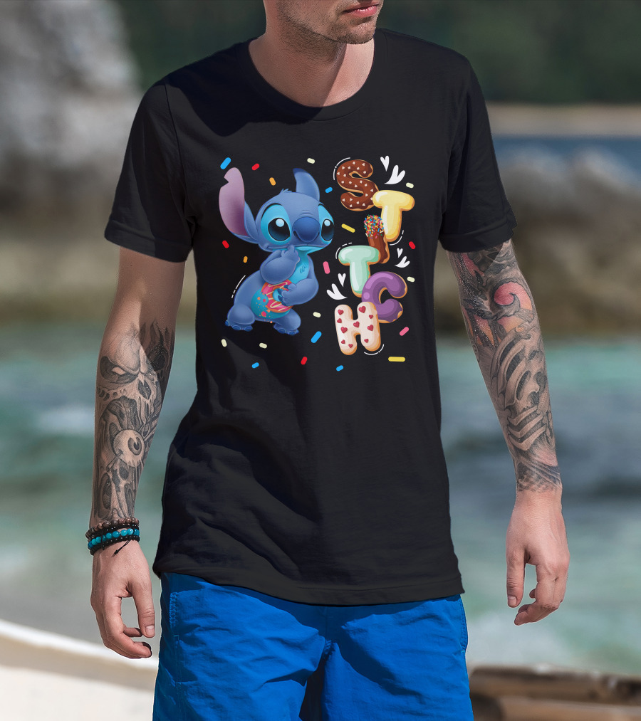 Stitch Donut Letter Sprinkles And Cute Blue Alien Character T-Shirt