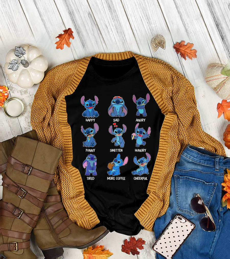 STITCH MOODS HAPPY SAD ANGRY FUNNY SMITTEN HUNGRY TIRED MORE COFFEE CHEERFUL T-Shirt