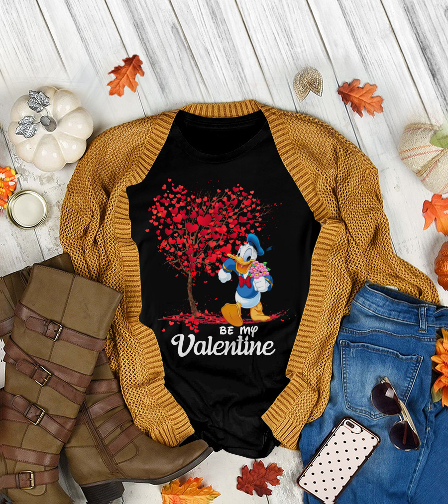 Be My Valentine Donald Duck Holding Flowers And Heart Tree T-Shirt