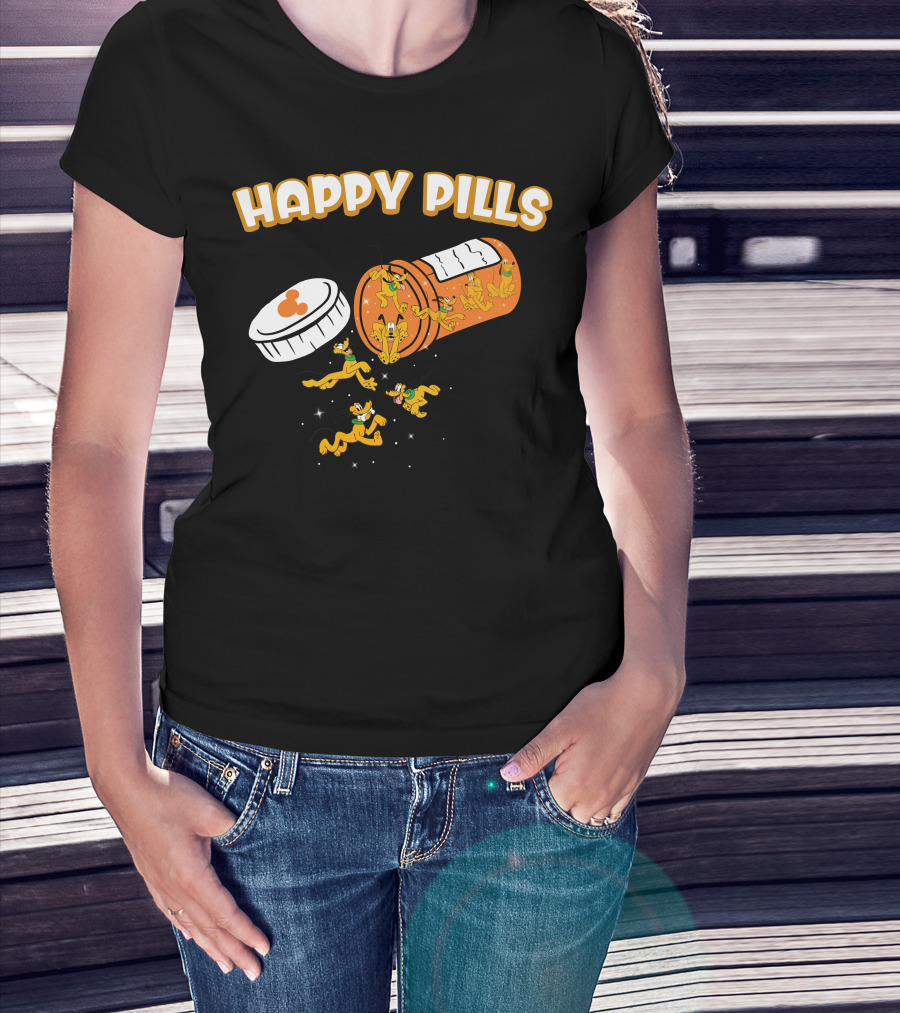 HAPPY PILLS Pluto Characters In Orange Pill Bottle T-Shirt
