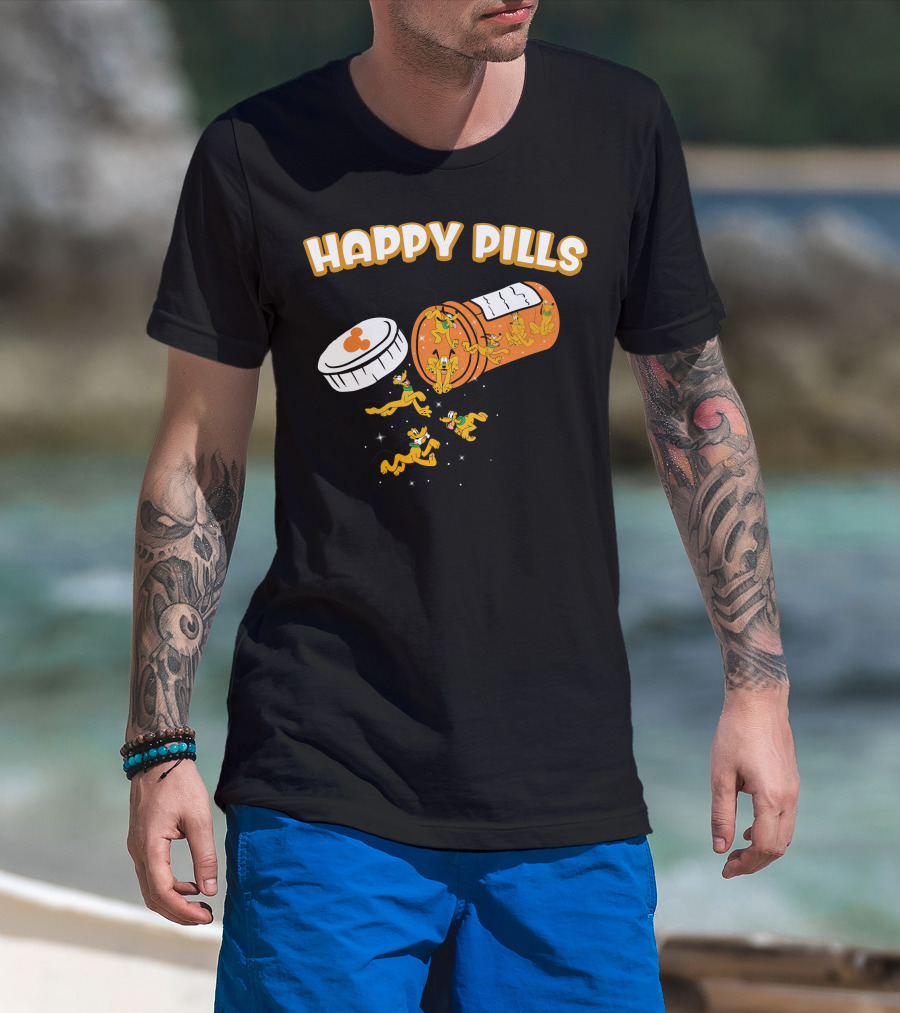 HAPPY PILLS Pluto Characters In Orange Pill Bottle T-Shirt
