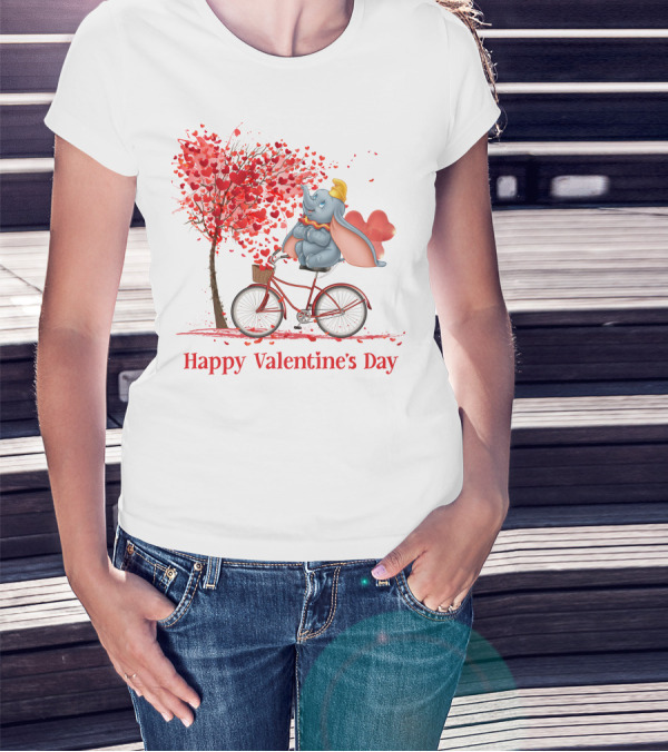 Happy Valentine's Day Dumbo With Hearts Bicycle T-Shirt