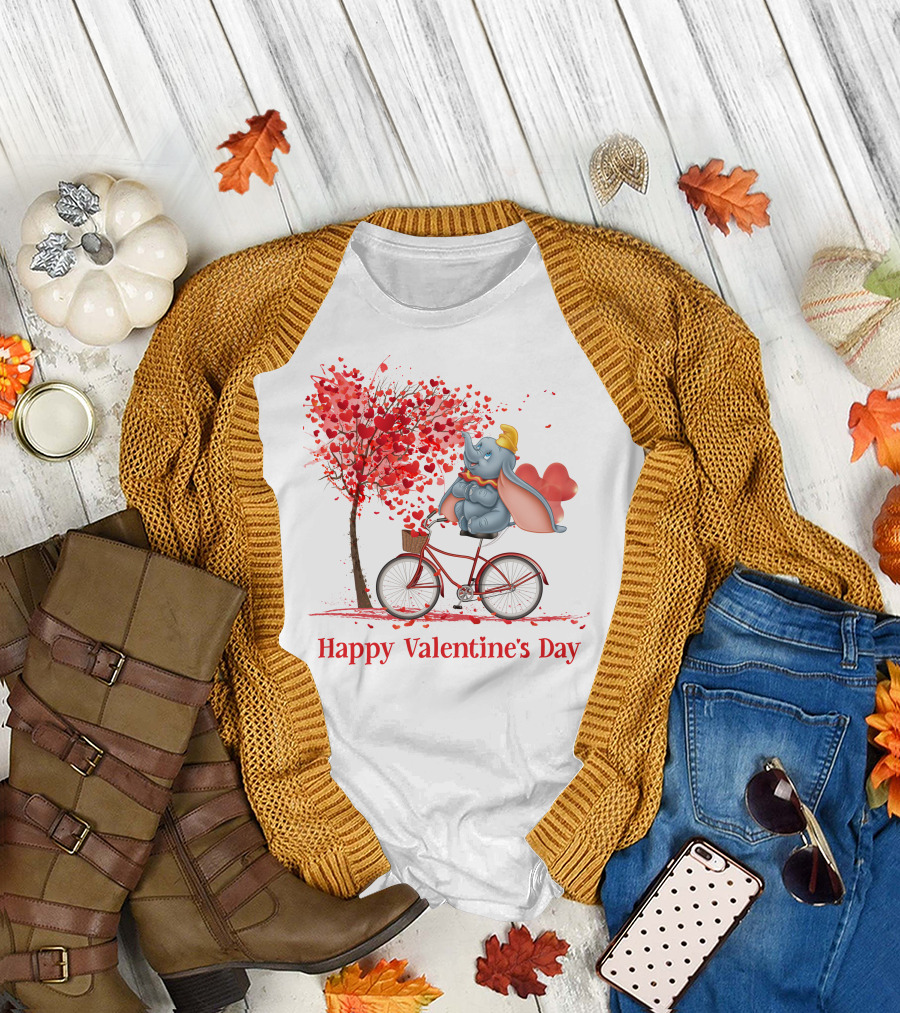 Happy Valentine's Day Dumbo with Hearts Bicycle T-Shirt