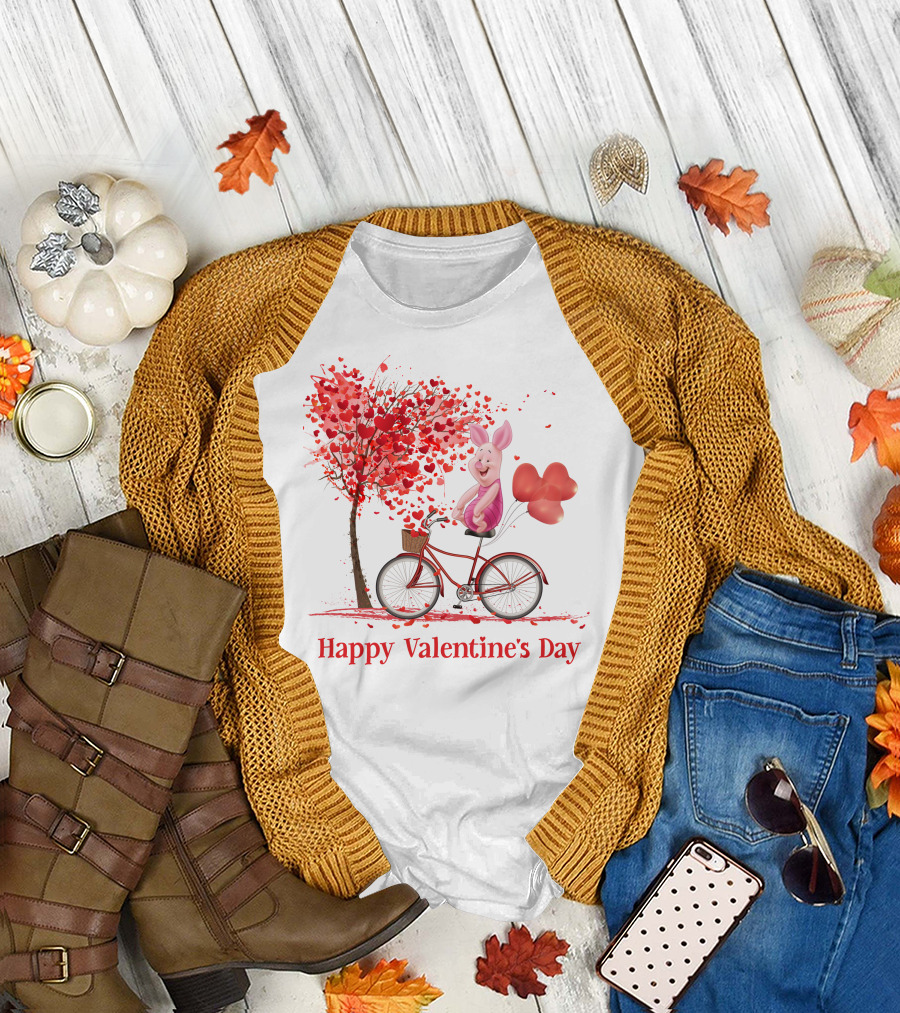 Happy Valentine's Day Piglet with Heart Balloons on Bicycle T-Shirt