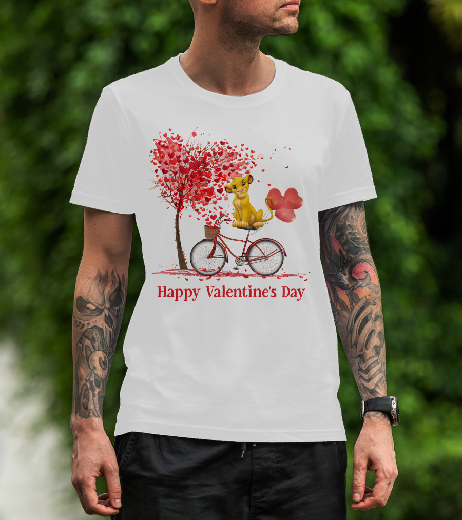 Happy Valentine's Day Cute Cartoon Character On Red Bicycle With Heart Balloons And Tree T-Shirt