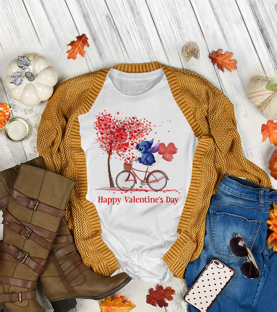 Happy Valentine's Day Stitch Bicycle Heart Balloons T-Shirt