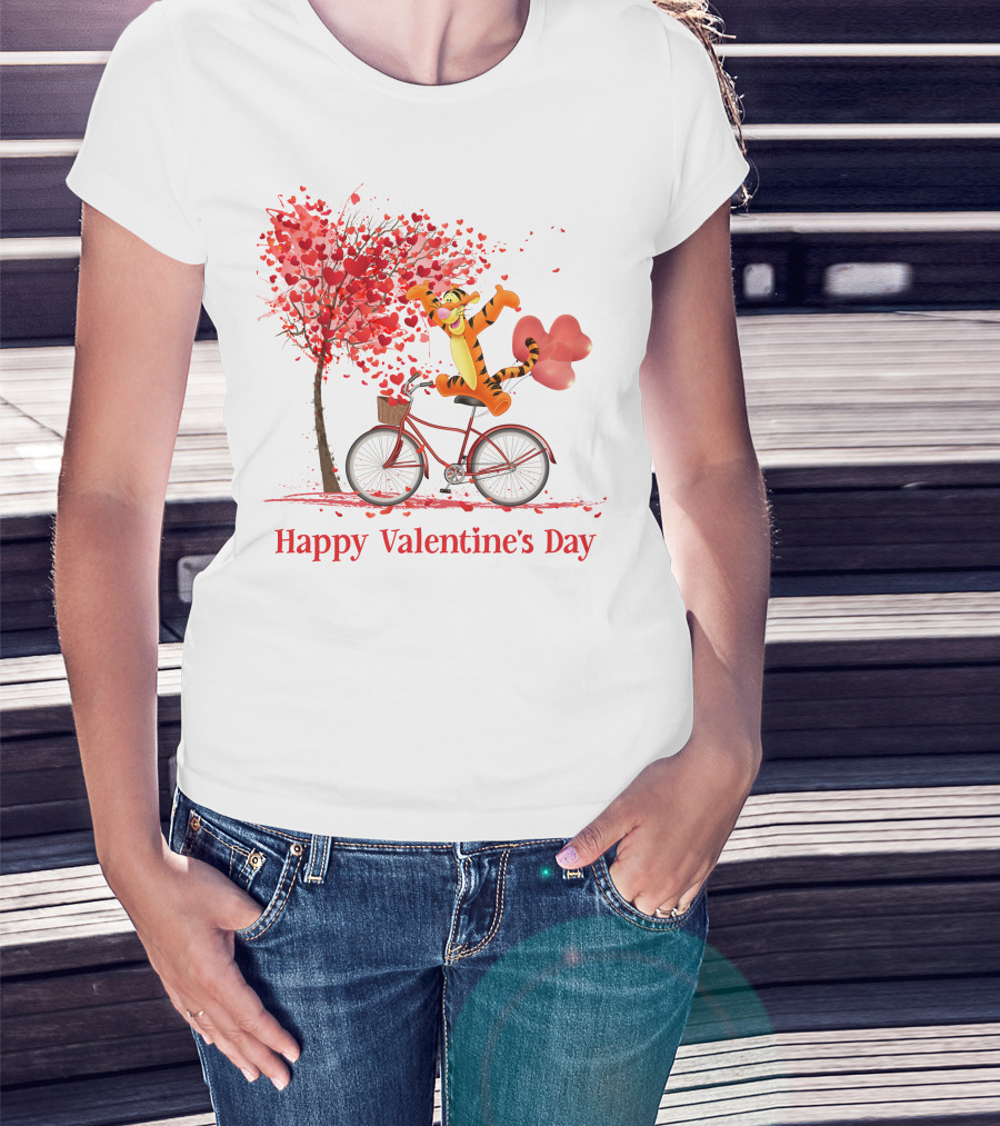 Happy Valentine's Day Tigger Riding Bicycle With Heart Balloon And Heart Tree T-Shirt