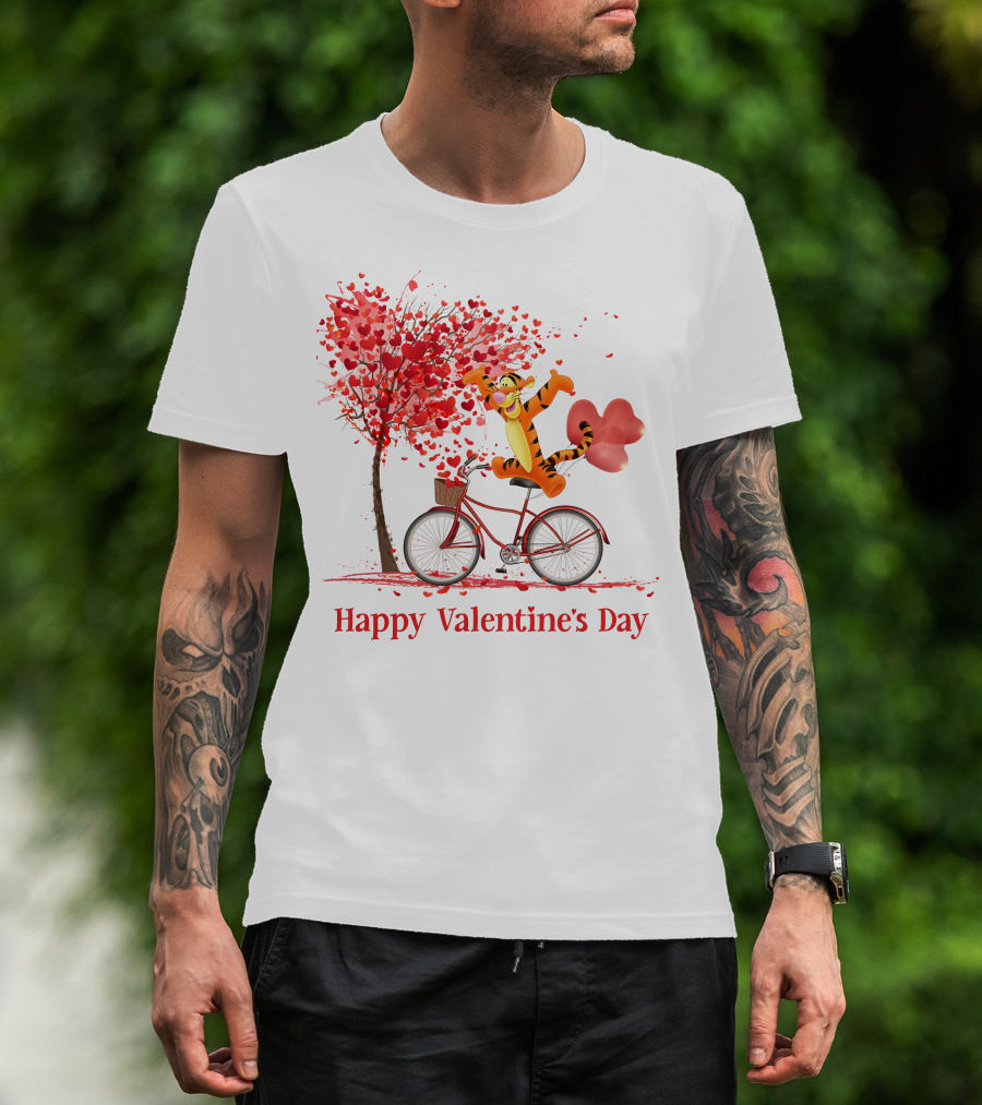 Happy Valentine's Day Tigger Riding Bicycle With Heart Balloon And Heart Tree T-Shirt