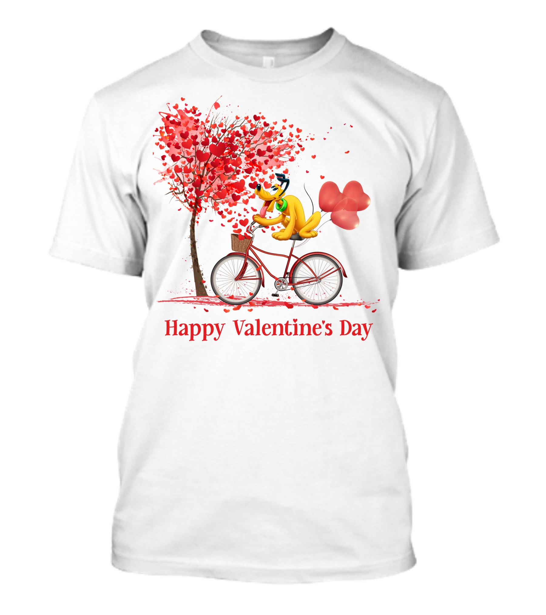 Disney Pluto Happy Valentine's Day Bicycle And Heart Tree T-Shirt