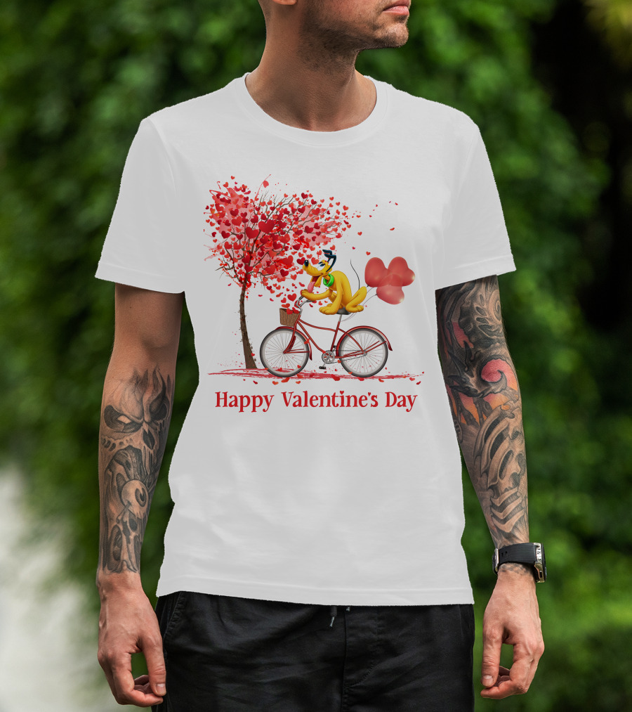 Disney Pluto Happy Valentine's Day Bicycle And Heart Tree T-Shirt