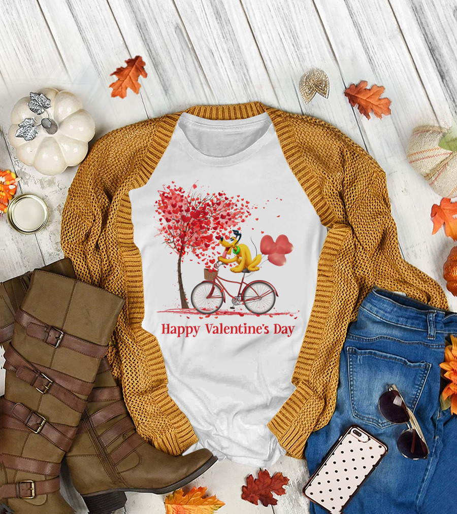 Disney Pluto Happy Valentine's Day Bicycle and Heart Tree T-Shirt