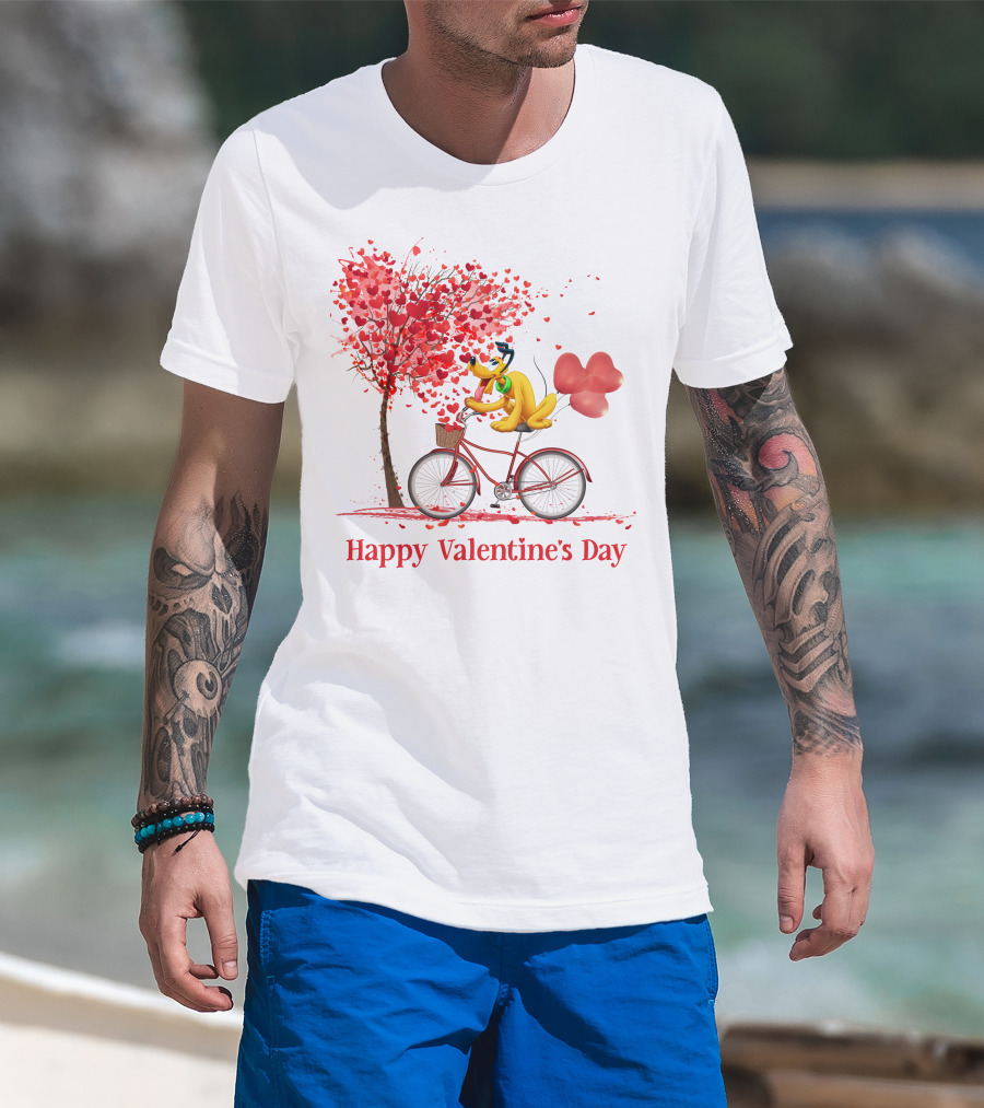 Disney Pluto Happy Valentine's Day Bicycle And Heart Tree T-Shirt