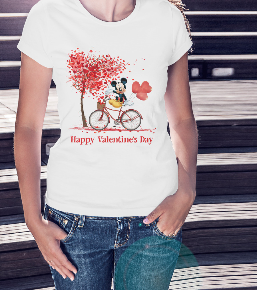 Happy Valentine's Day Mickey Mouse Hearts Bicycle Red Tree T-Shirt