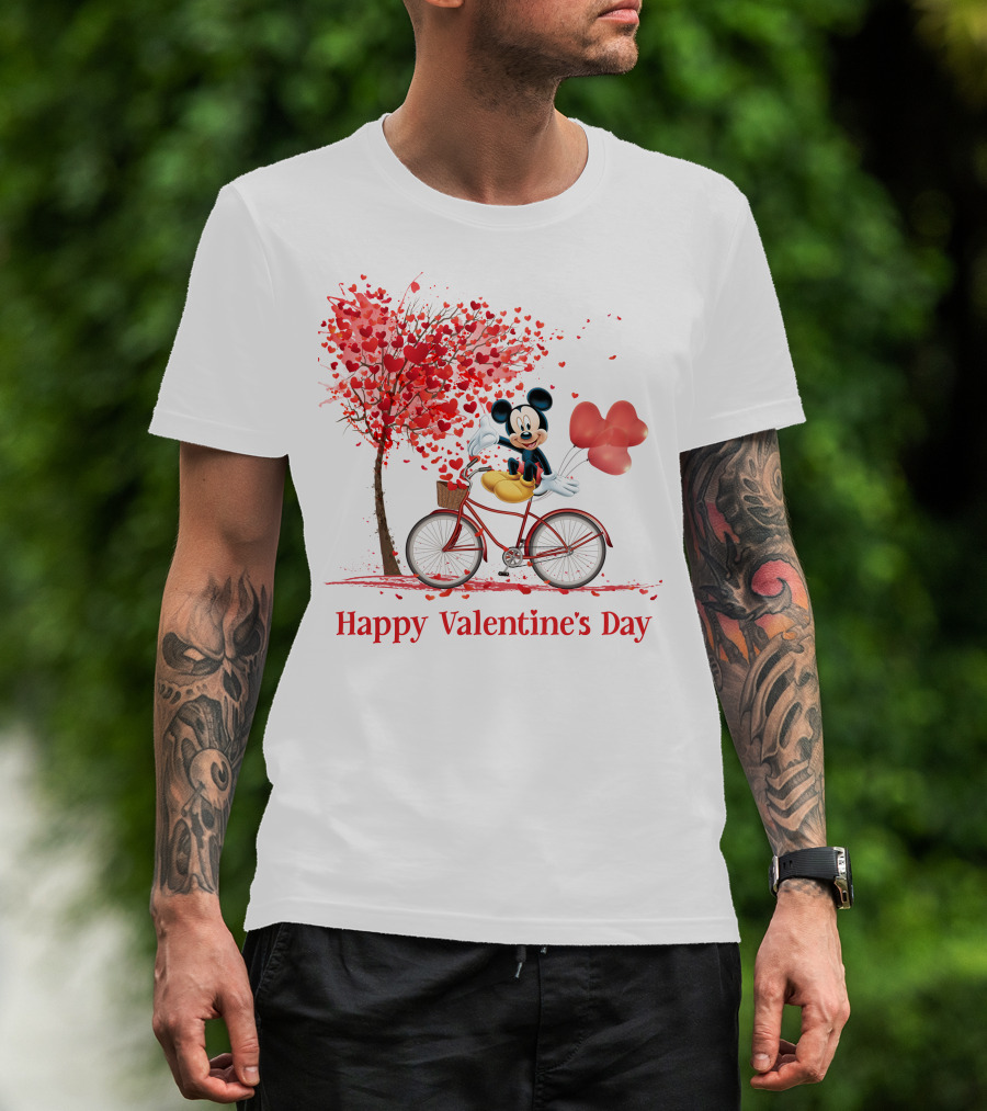 Happy Valentine's Day Mickey Mouse Hearts Bicycle Red Tree T-Shirt