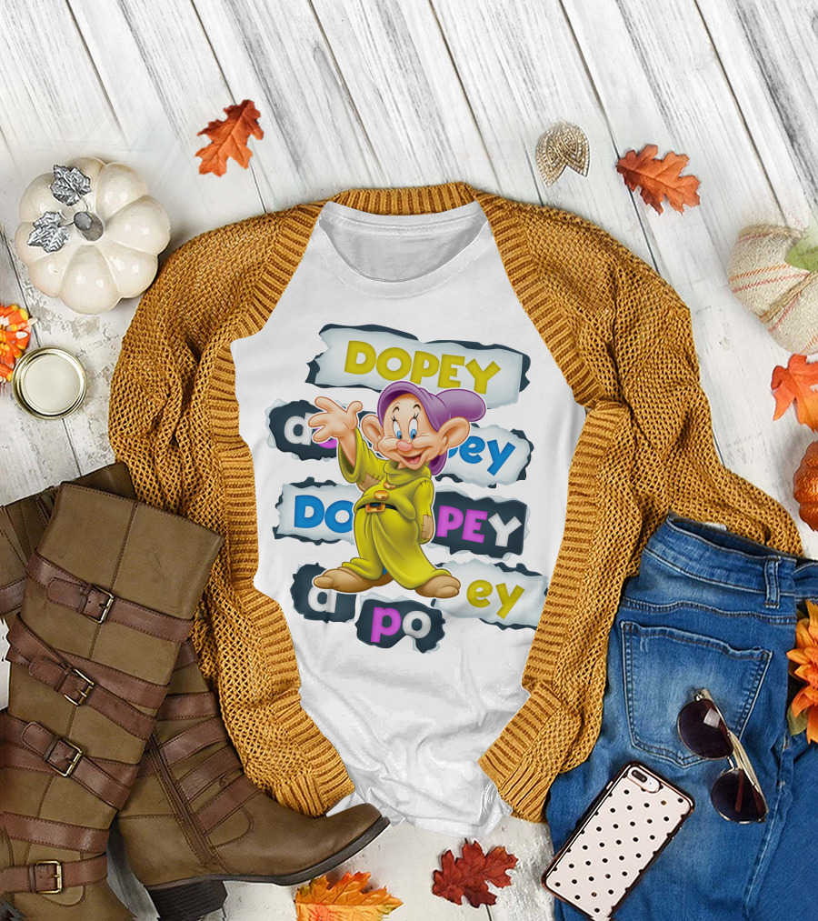 Dopey Iconic Character Playful Design With Text Variations And Classic Outfit T-Shirt