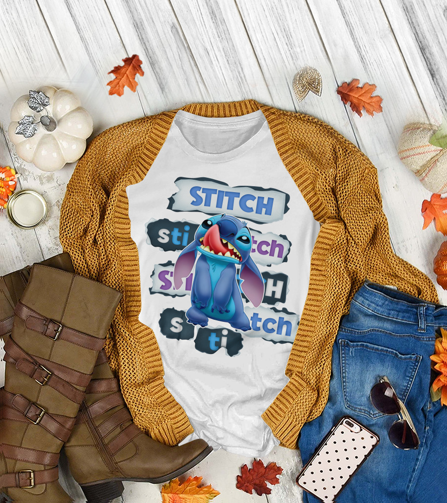 Stitch Blue Alien Character Multiple Text Styles T-Shirt