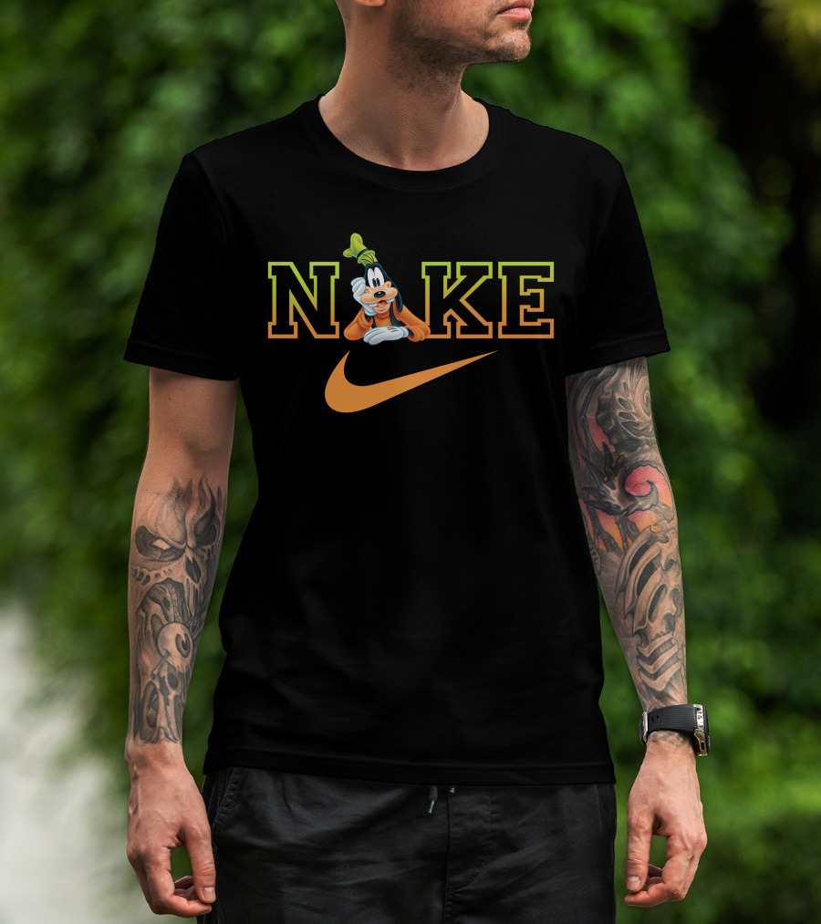 Goofy Nike With Orange Swoosh Logo And Green Hat T-Shirt