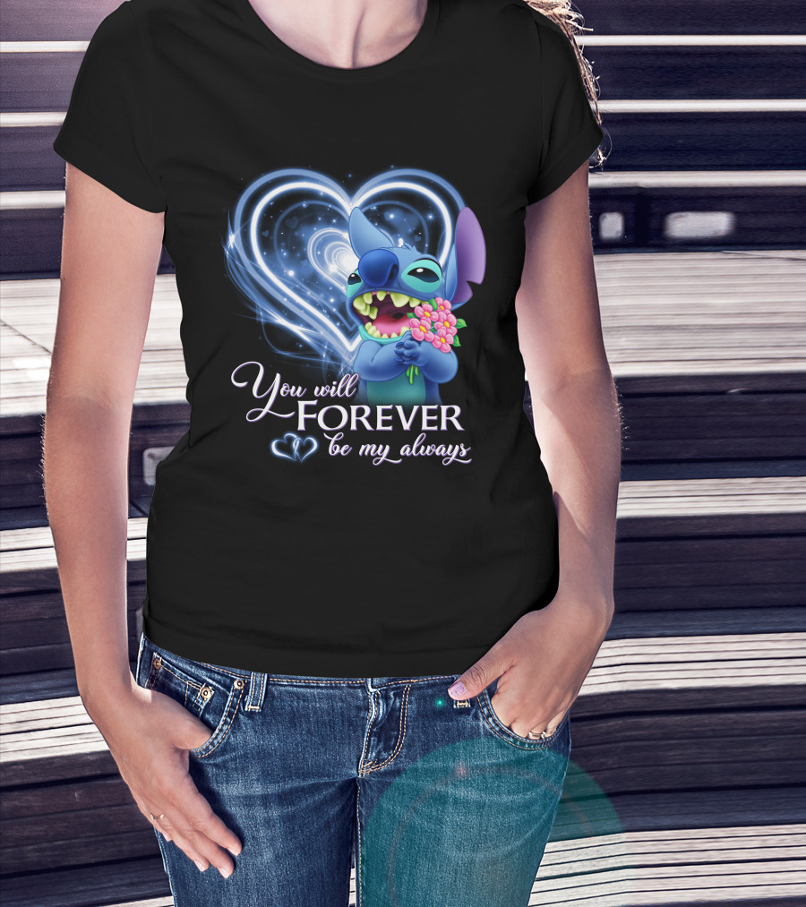 You Will Forever Be My Always Stitch Holding Flowers Heart T-Shirt