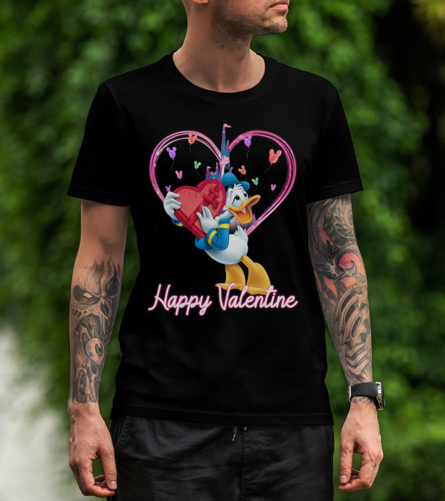 Donald Duck Happy Valentine Heart Balloons And Castle T-Shirt