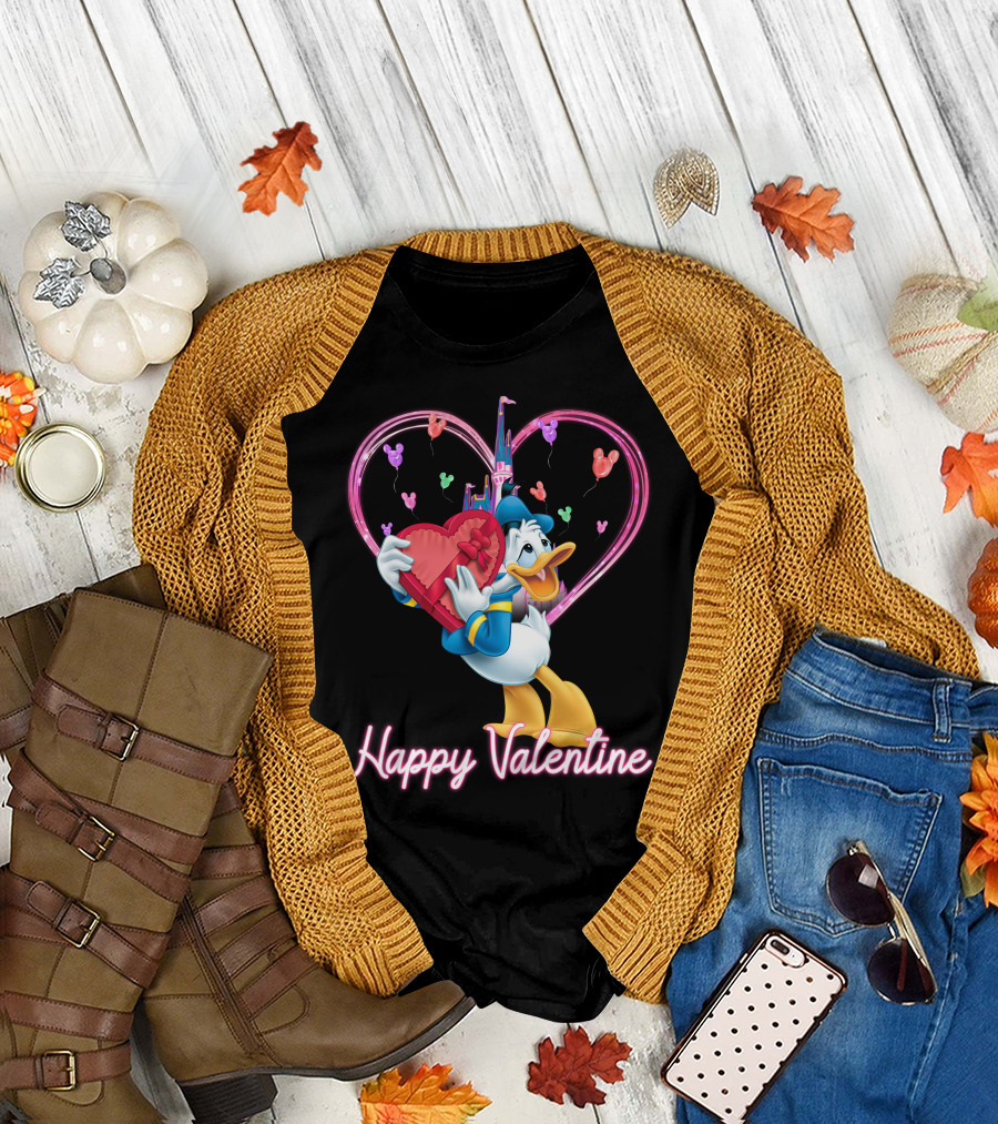 Donald Duck Happy Valentine Heart Balloons And Castle T-Shirt