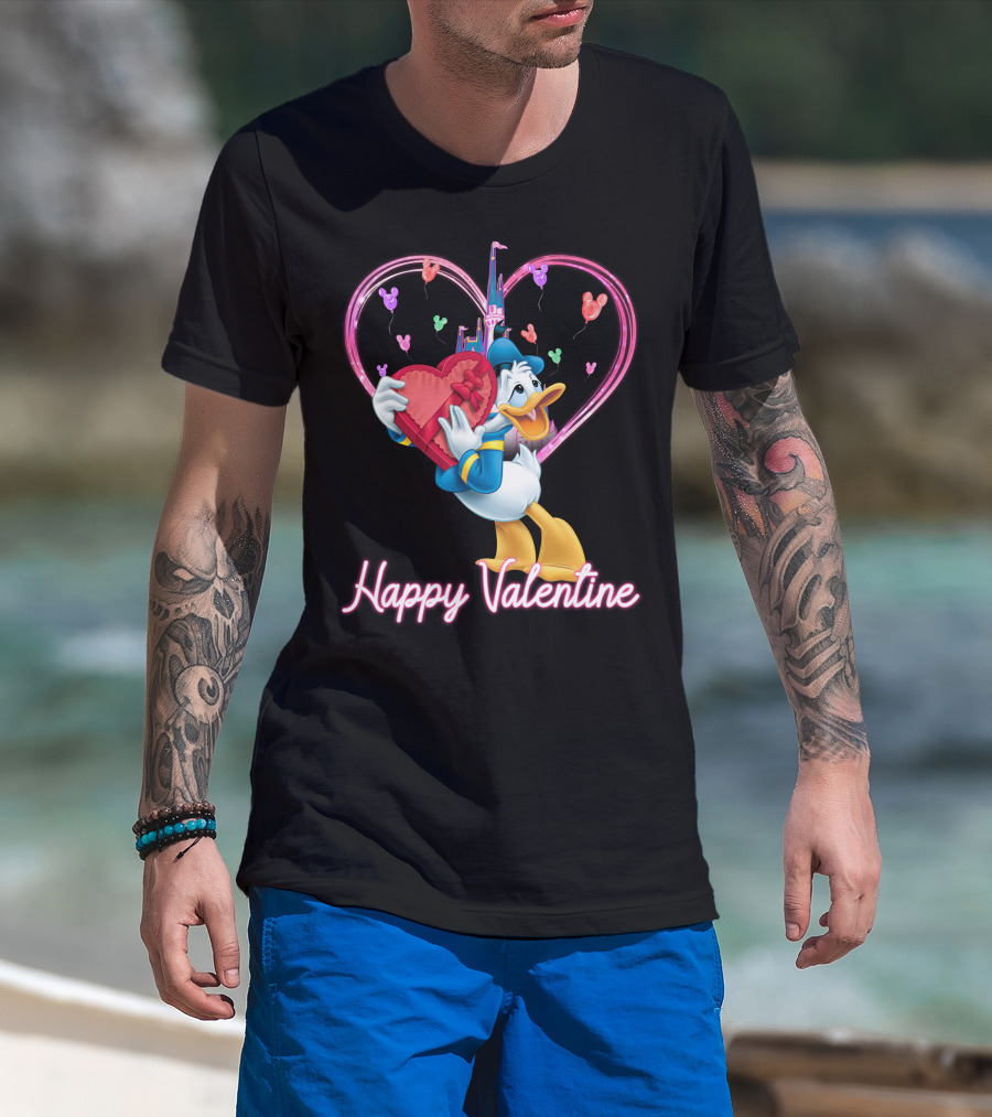 Donald Duck Happy Valentine Heart Balloons And Castle T-Shirt