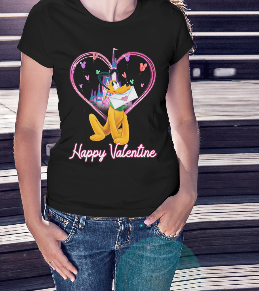 Happy Valentine Pluto Letter Heart Balloons Castle T-Shirt