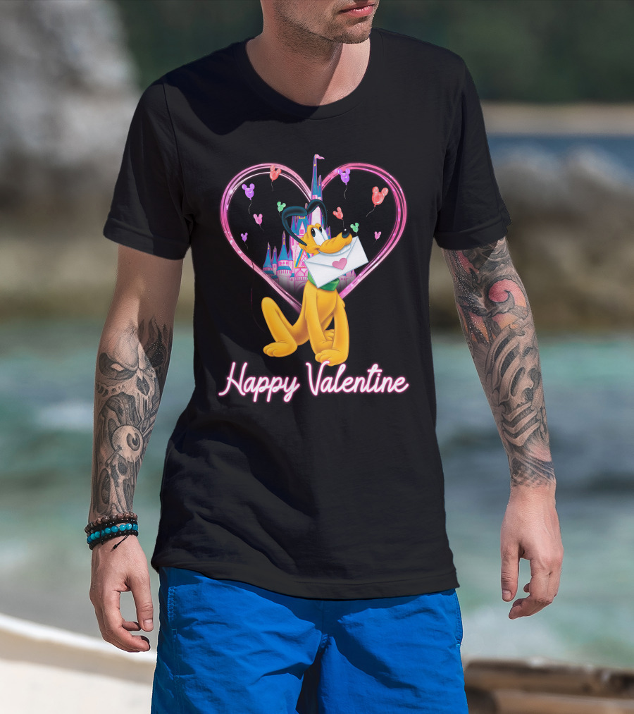 Happy Valentine Pluto Letter Heart Balloons Castle T-Shirt